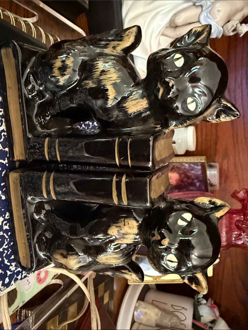 Source Unknown Black and Gold Ceramic Cat Bookends